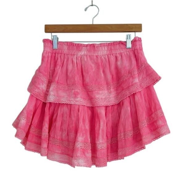LoveShackFancy Hot Pink Tie Dye Ruffle Mini Skirt, Size Large - Picture 4 of 9